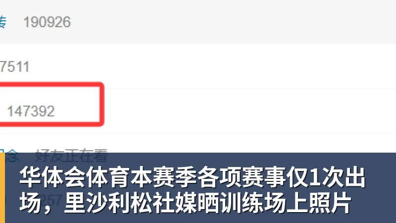 华体会体育本赛季各项赛事仅1次出场，里沙利松社媒晒训练场上照片